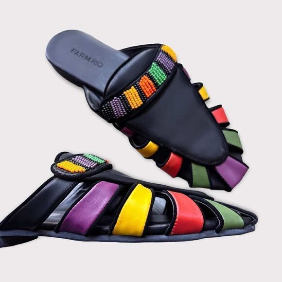 New Farm Rio Colorfully Beaded Black Sandals Mules Size US7/EU38 - Picture 6 of 8